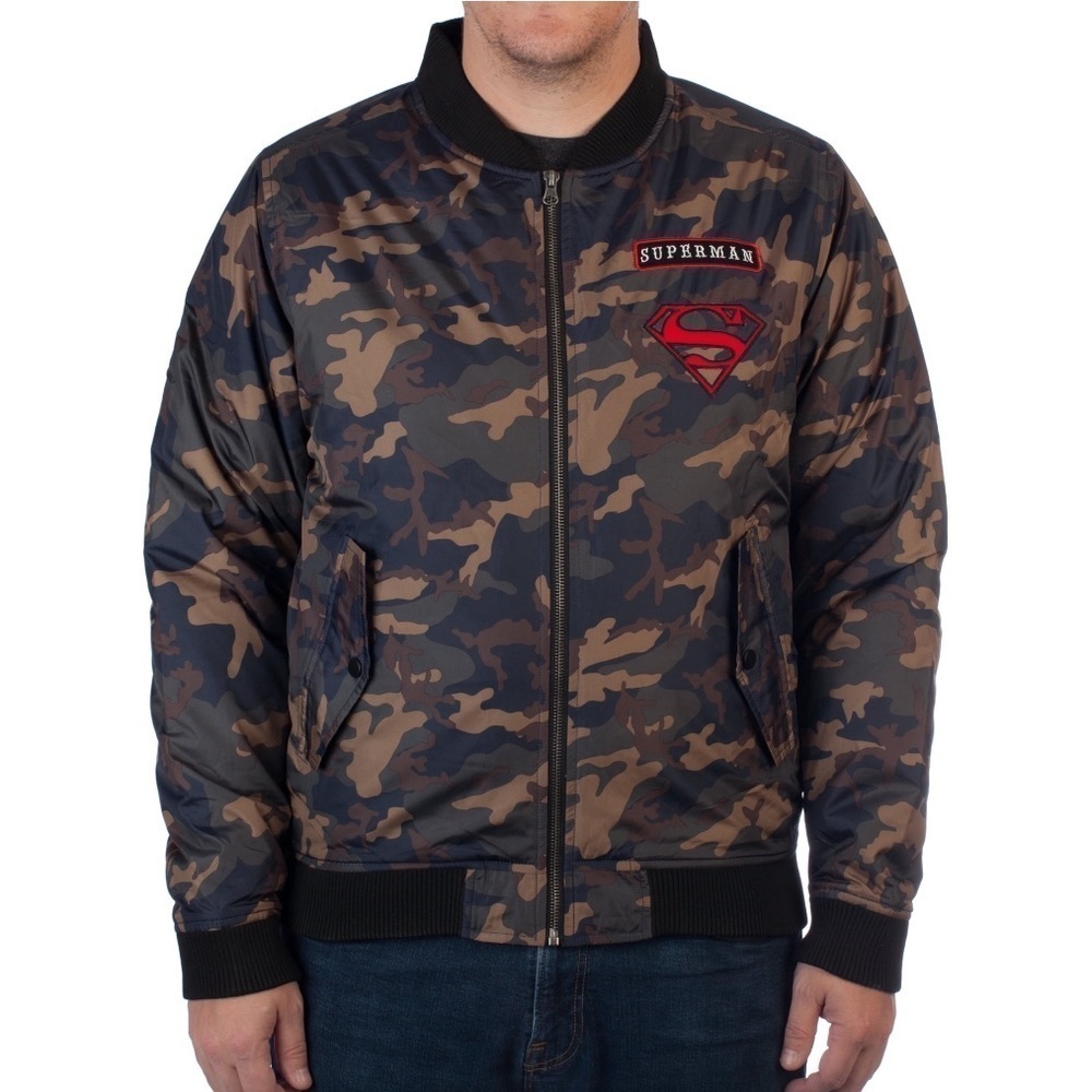 DC Comics Men's Superman Olive Camouflage Polyester Bomber Jacket size M